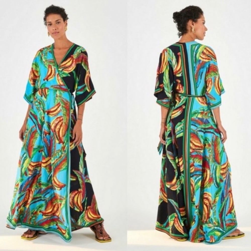 Farm Rio Mixed Banana Wrap Style Multicolored Dress S